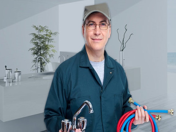 plumber holding water hose and faucet